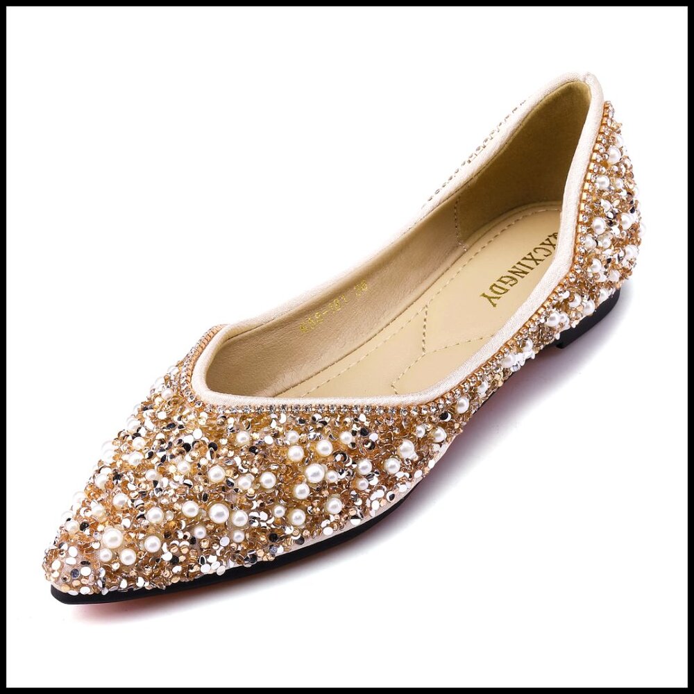 Rhinestone Pointed Toe Ballet Flats Elegant Wedding Dance Dress Shoes Low Heel